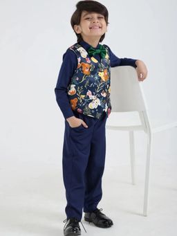 Hopscotch - Navy Blue Printed Collar Neck Waistcoat and Pant Shirt with Bow