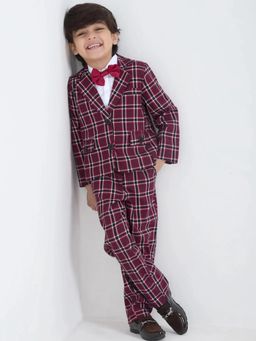 Hopscotch - Maroon Checks Collar Neck Blazer Pant with Shirt and Bow