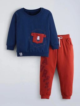 Hopscotch - Navy Blue Solid/Plain Round Neck Sweatshirt with Jogger