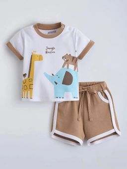 Hopscotch - White Printed Round Neck T-Shirt and Short