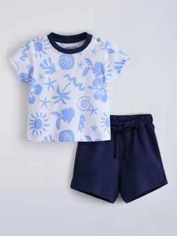 Hopscotch - White Printed Round Neck T-Shirt and Short