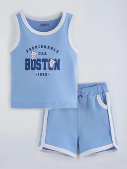 Hopscotch - Blue Typography Round Neck T-Shirt and Short