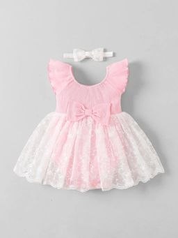 Hopscotch - Pink Embroidered Round Neck Dress and Headband