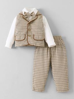 Hopscotch - Beige Checks Collar Neck Shirt and Pant Waistcoat with Bow