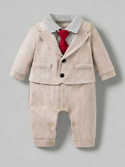 Hopscotch - Beige Stripes Collar Neck Blazer and Pant with Tie