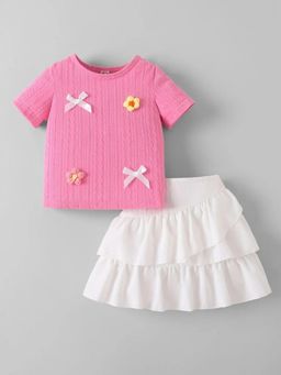 Hopscotch - Pink Textured Round Neck Top and Skirt