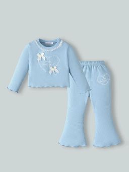 Hopscotch - Blue Textured Round Neck Top and Pant