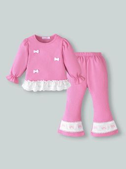 Hopscotch - Pink Textured Round Neck Top and Pant