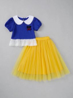 Hopscotch - Navy Blue Textured Collar Neck Top and Skirt