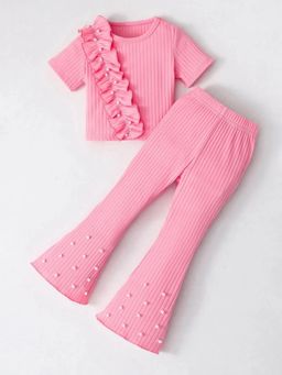 Hopscotch - Pink Textured Round Neck Co-ord Set