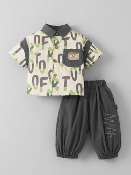 Hopscotch - Off White Typography Collar Neck Shirt with Jogger