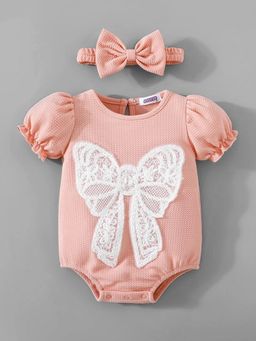 Hopscotch - Peach Embroidered Round Neck Onesies with Headband