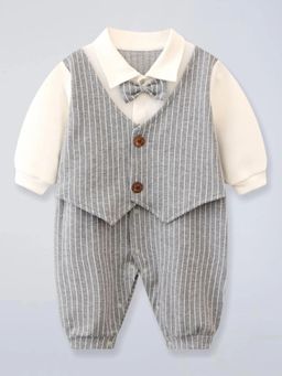Hopscotch - Grey Stripes Collar Neck Jacket and T-Shirt Pant with Bow
