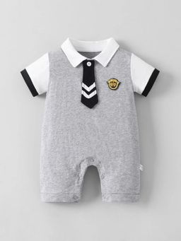 Hopscotch - Grey Textured Collar Neck Romper with Tie