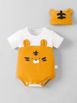 Hopscotch - Mustard Printed Round Neck Onesies with Hat