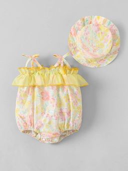 Hopscotch - Yellow Floral Shoulder Straps Romper with Hat