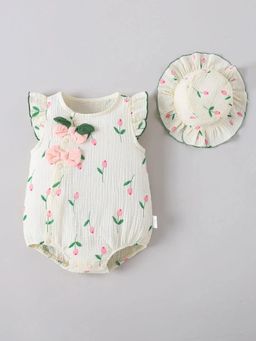 Hopscotch - Off White Floral Round Neck Romper with Hat