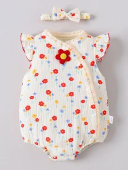 Hopscotch - Off White Floral V-Neck Onesies with Handband