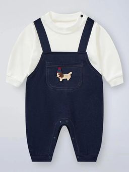 Hopscotch - Navy Blue Embroidered Round Neck Romper