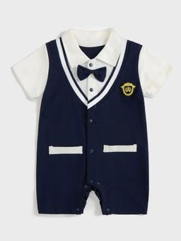 Hopscotch - Navy Blue Solid/Plain Collar Neck Romper with Bow