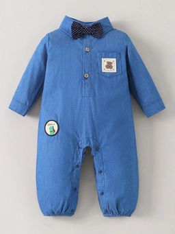 Hopscotch - Blue Solid/Plain Collar Neck Bodysuit with Bow