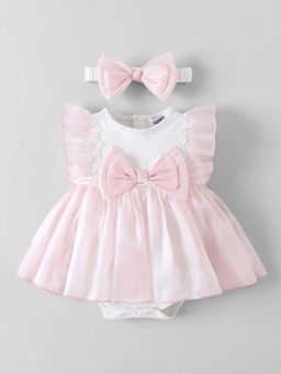 Hopscotch - Pink Embroidered Round Neck Dress and Headband