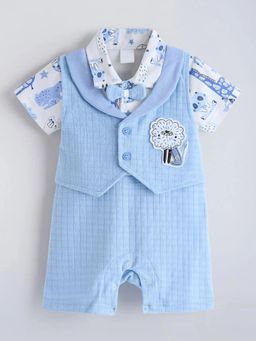 Hopscotch - Blue Embroidered Collar Neck Romper