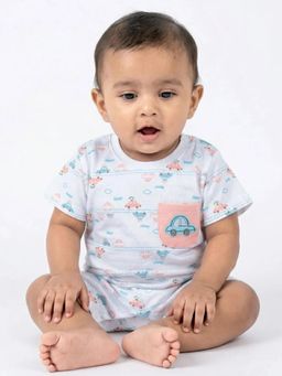 Hopscotch - White Printed Round Neck Romper