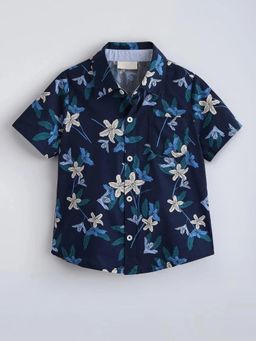 Hopscotch - Navy Blue Floral Collar Neck Shirt