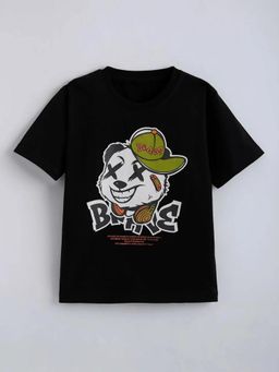 Hopscotch - Black Printed Round Neck T-Shirt