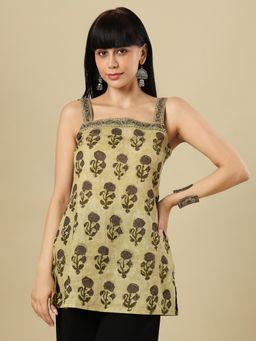 SALWAR STUDIO - Printed Square Neck Sleeveless Cotton Short Kurti