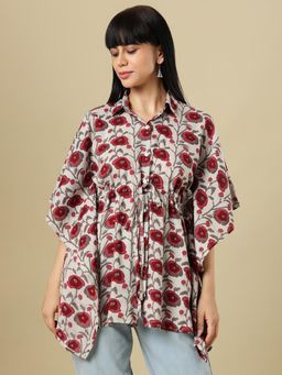 SALWAR STUDIO - Printed Shirt Collar Cotton Kaftan Kurti