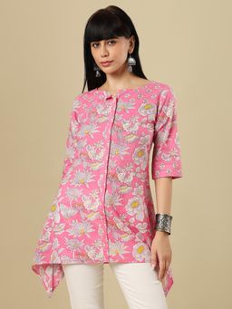 SALWAR STUDIO - Printed Boat Neck Asymetric Cut Cotton Short Kurti