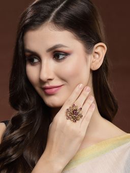 PANASH - Gold Plated and Toned Pink Artificial Stones Studded Ring
