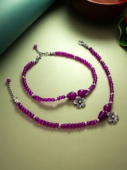 Aadita - Oxidized Silver Plated Artificial Stones Anklets Payal Pink