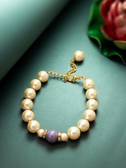 Aadita - Women Gold Toned and Cream Coloured Beaded Wraparound Bracelet White