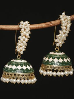 OOMPH - Green & White Meenakari Enamel Pearls Large Ethnic Jhumka Earrings