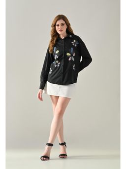 ANNY - Women Black Floral Melody Embroidered Shirt