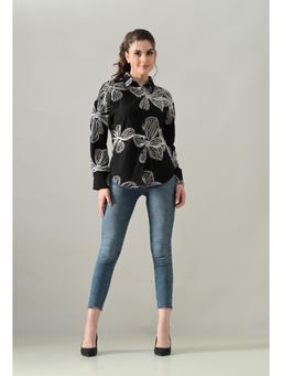 ANNY - Women Black Floral Melody Embroidered Shirt