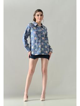 ANNY - Women Blue Meadow Bloom Embroidered Shirt