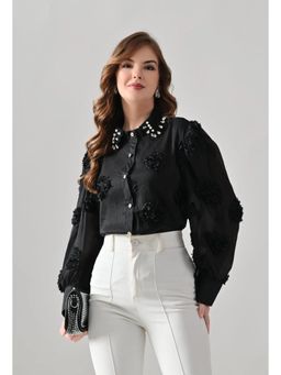 ANNY - Women Black Pearl Embellished Shirt