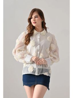 ANNY - Women Beige Pearl Embellished Shirt