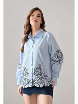 ANNY - Women Blue Blush Bloom Embroidered Shirt