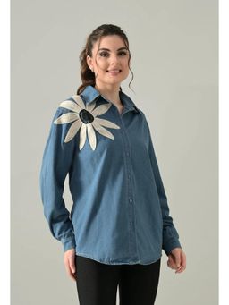 ANNY - Women Blue Embroidered Denim Blossom Shirt