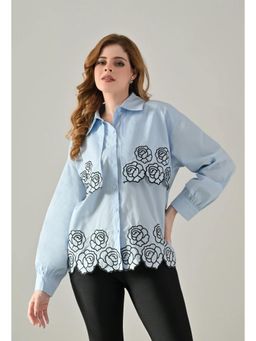 ANNY - Women Blue Flower Power Scalloped Shirt