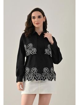 ANNY - Women Black Flower Power Scalloped Shirt