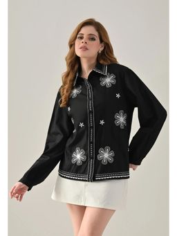 ANNY - Women Black Bloom Embroidered Shirt