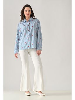 ANNY - Women Blue Striped Shirt with Heart Print