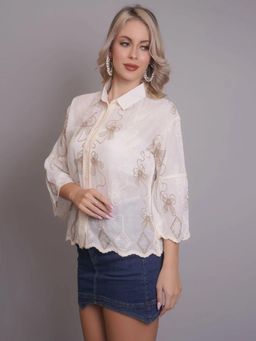 ANNY - Women Beige Chain Stitch Embroidered Shirt