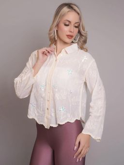 ANNY - Women Cream Chain Stitch Embroidered Shirt